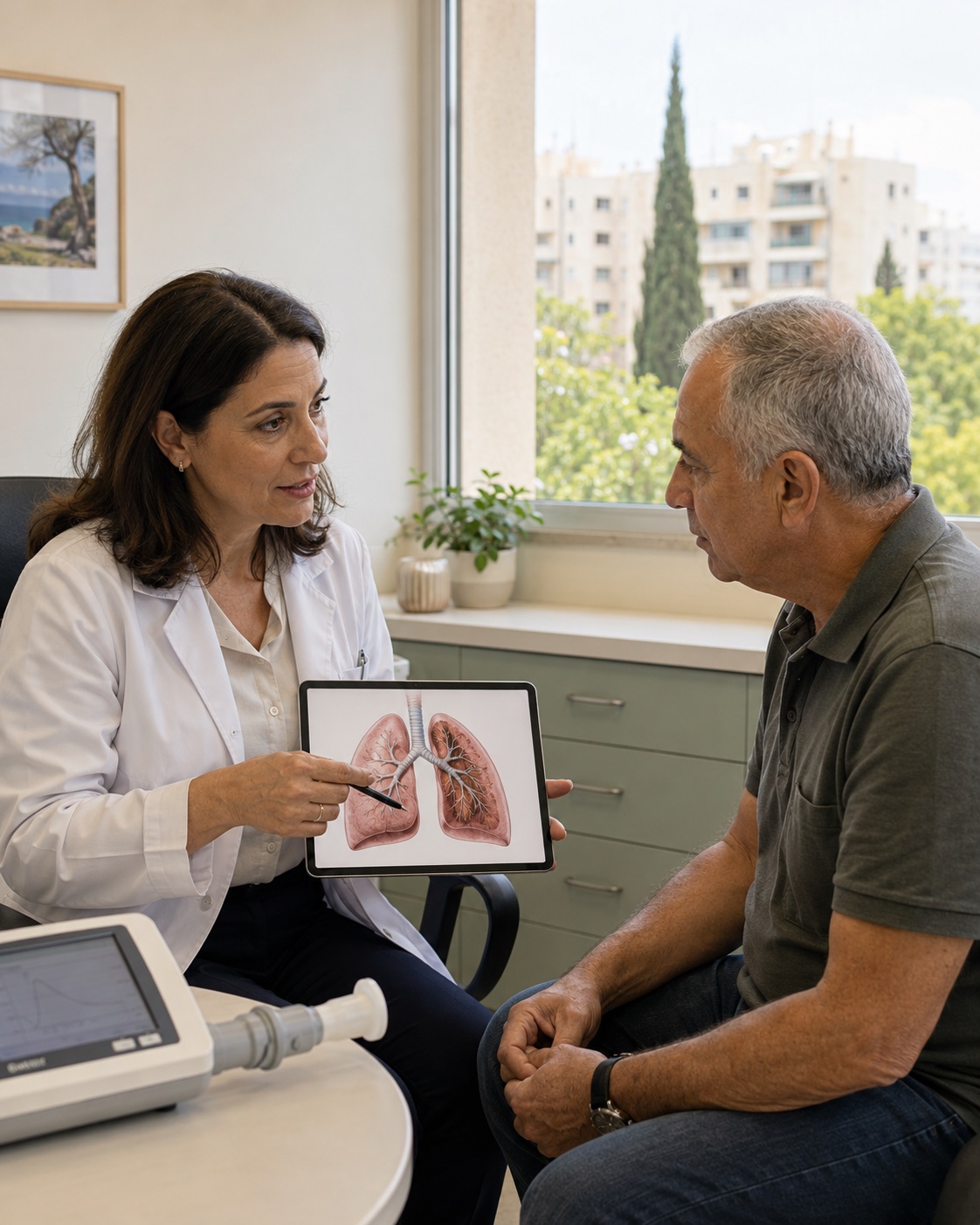 רופאת ריאות מסבירה על COPD למטופל באמצעות שרטוט ריאות