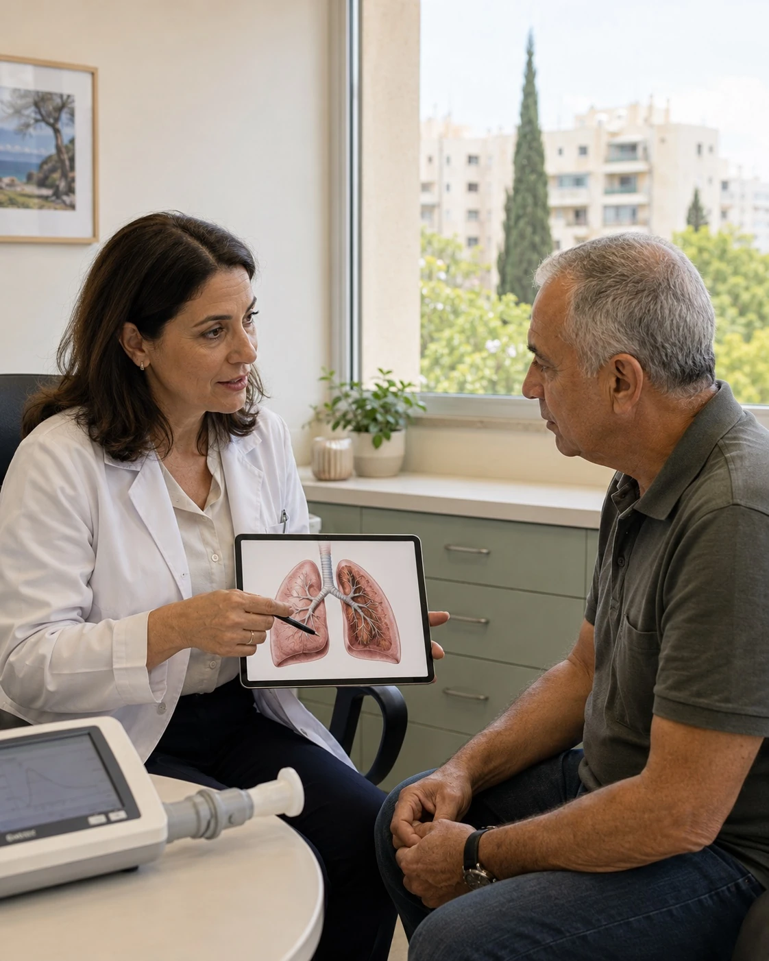 רופאת ריאות מסבירה על COPD למטופל באמצעות שרטוט ריאות