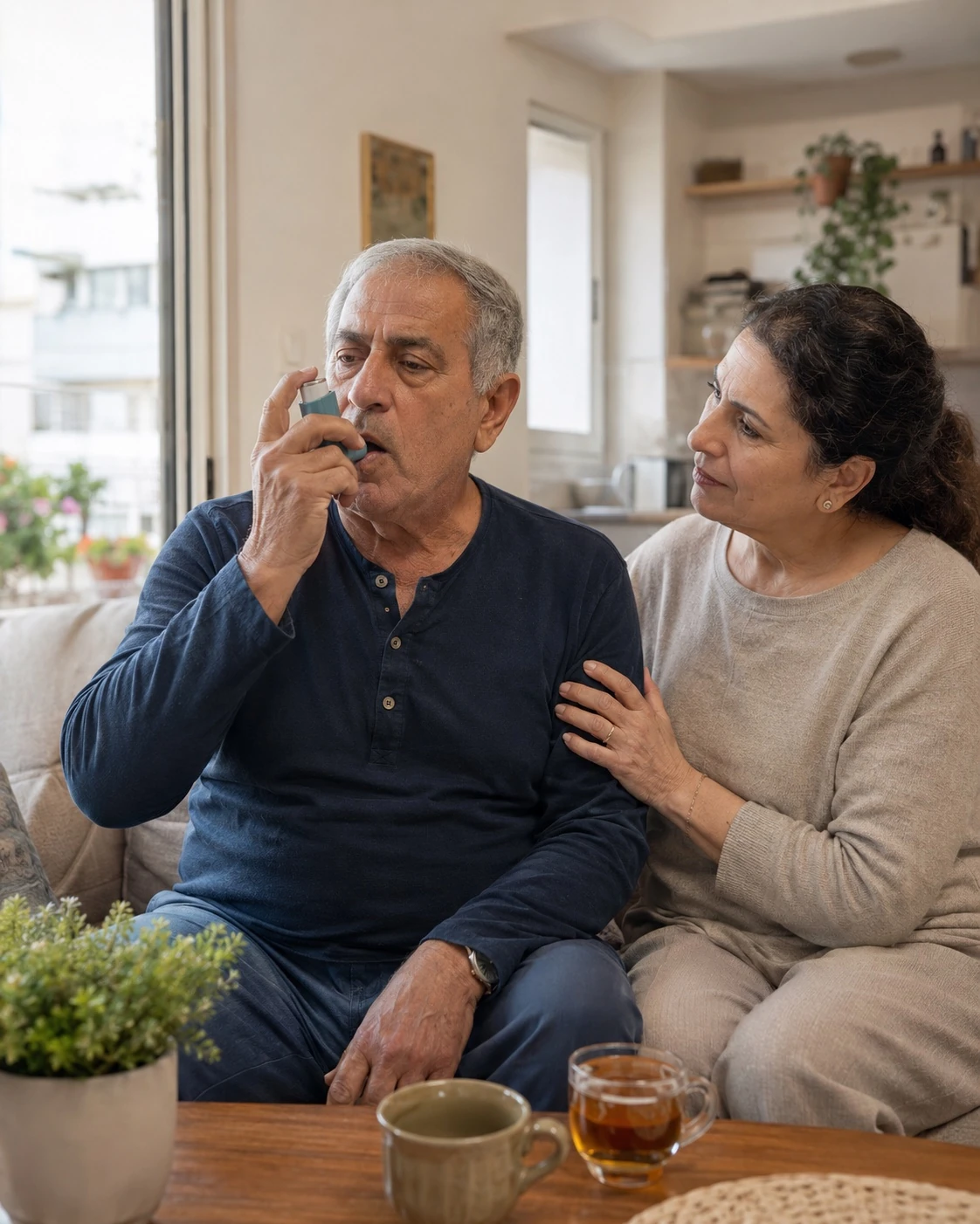 מטופל COPD משתמש במשאף בבית עם תמיכה משפחתית