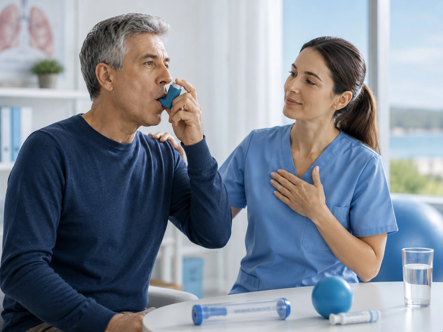 מטופל משתמש במשאף בליווי אחות — טיפול ב-COPD