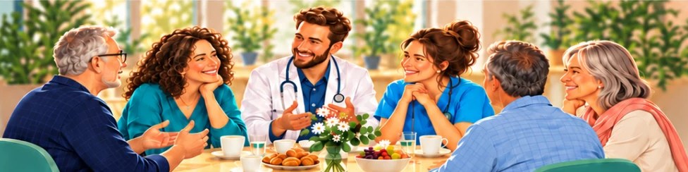 מטופלים, רופא ופיזיותרפיסטית יושבים יחד סביב שולחן ומשוחחים