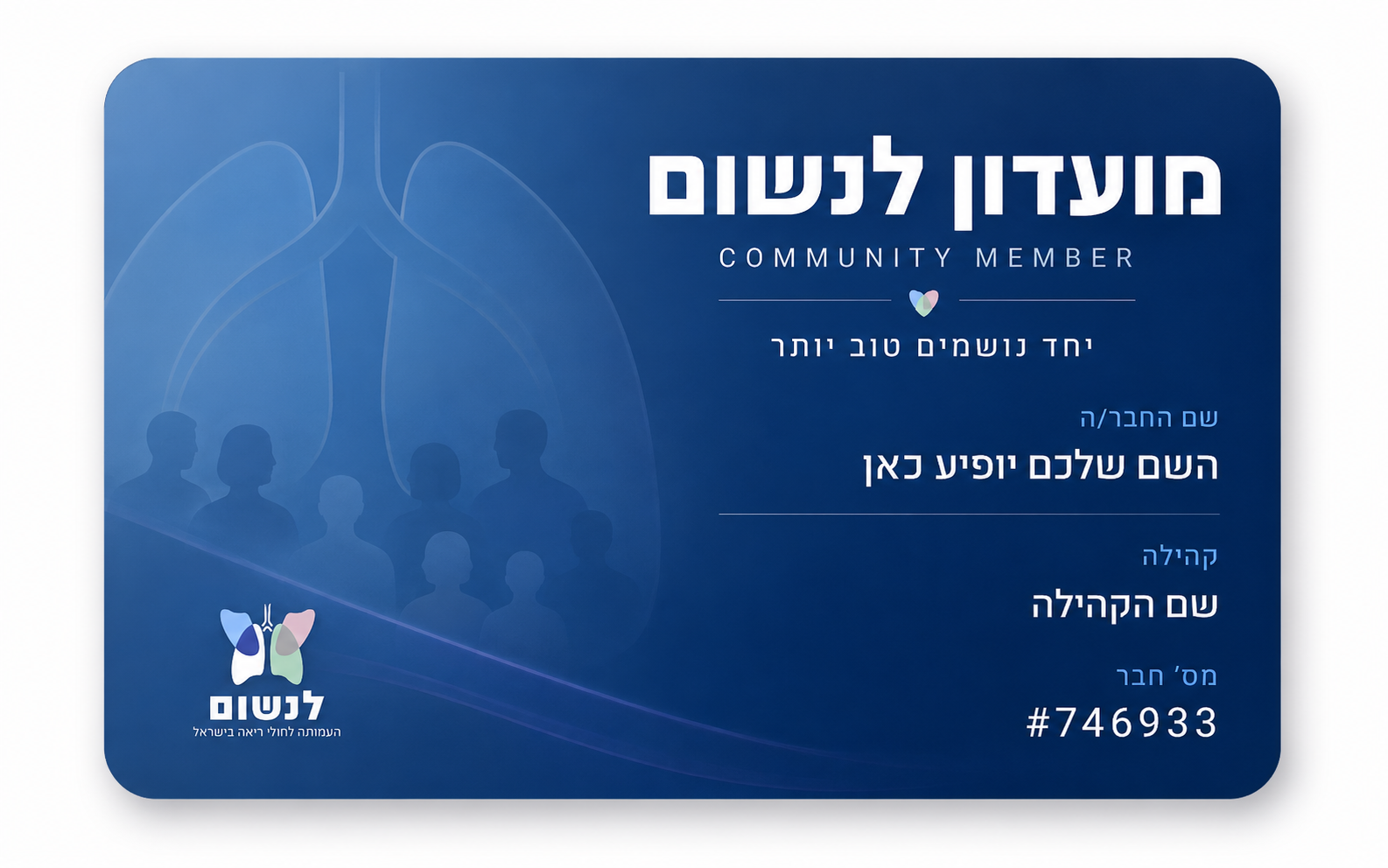 כרטיס חבר מועדון לנשום — עם שם החבר, הקהילה ומספר חבר אישי
